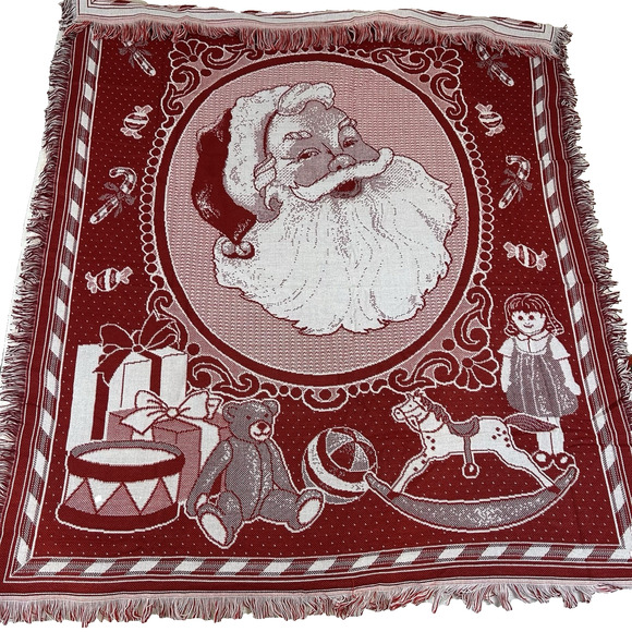 Santa Claus American Weavers Red Tapestry Vintage Throw Blanket Made in USA VTG - Picture 1 of 5